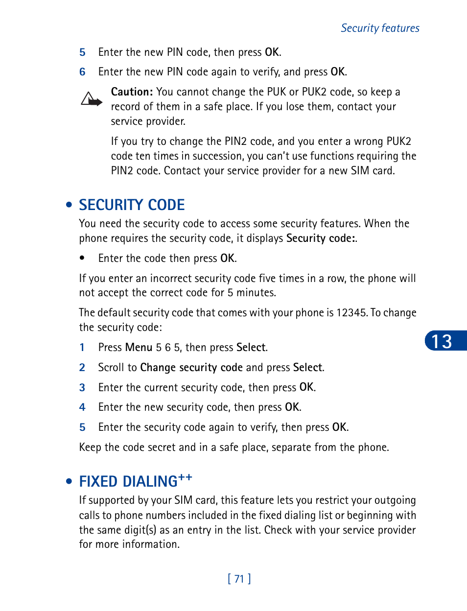 Security code, Fixed dialing, Security code fixed dialing | Nokia 3395 User Manual | Page 84 / 173