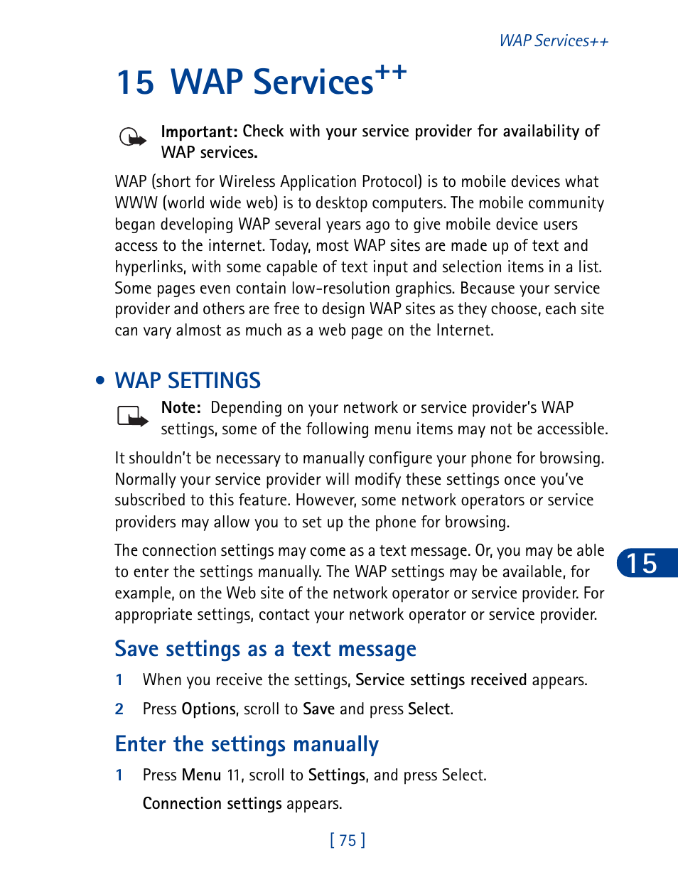15 wap services, Wap settings, Save settings as a text message | Enter the settings manually, Wap services | Nokia 3395 User Manual | Page 88 / 173