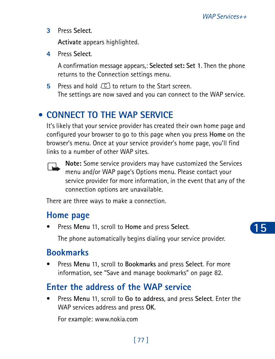 Connect to the wap service, Bookmarks, Enter the address of the wap service | Home page | Nokia 3395 User Manual | Page 90 / 173