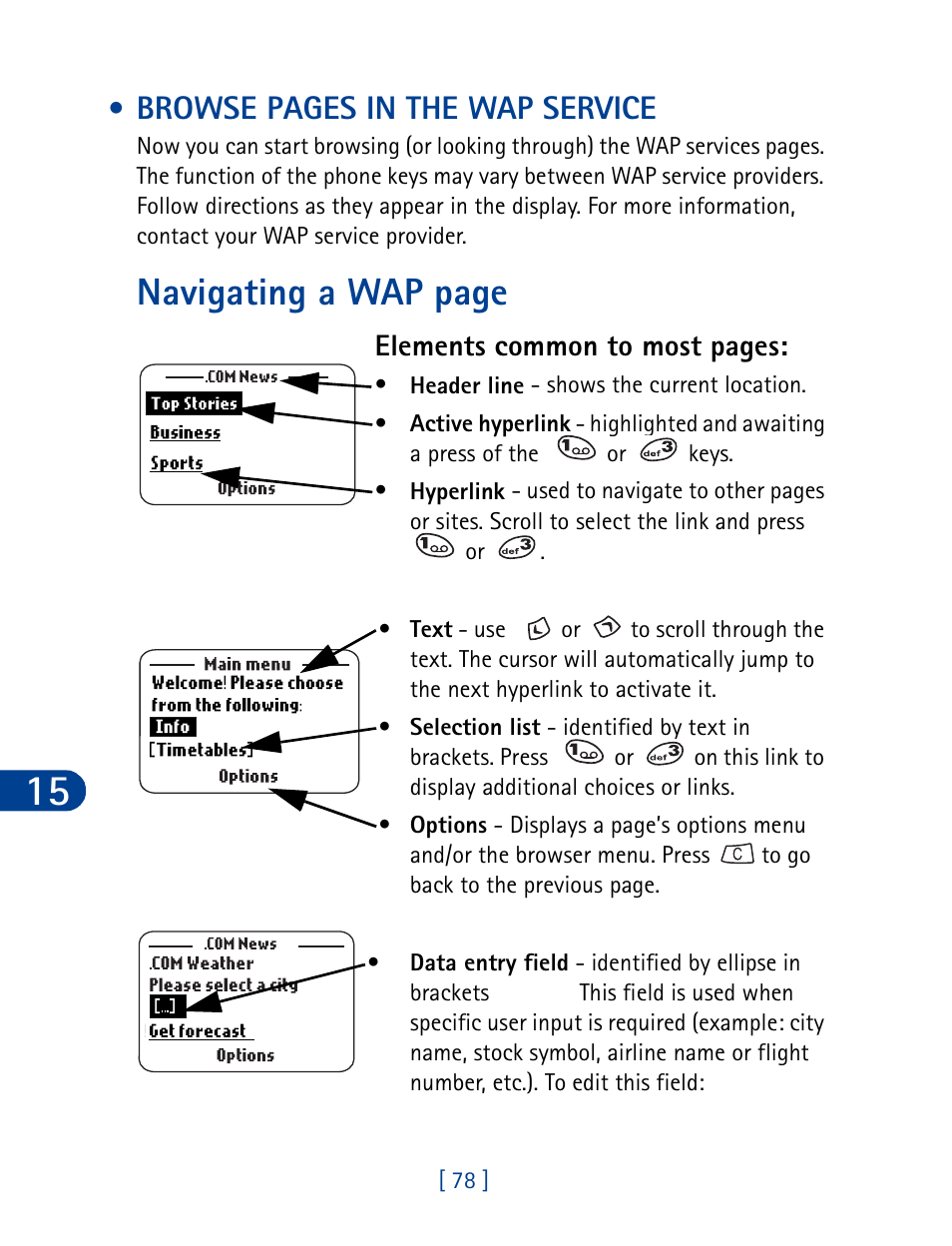 Navigating a wap page, Browse pages in the wap service, Elements common to most pages | Nokia 3395 User Manual | Page 91 / 173