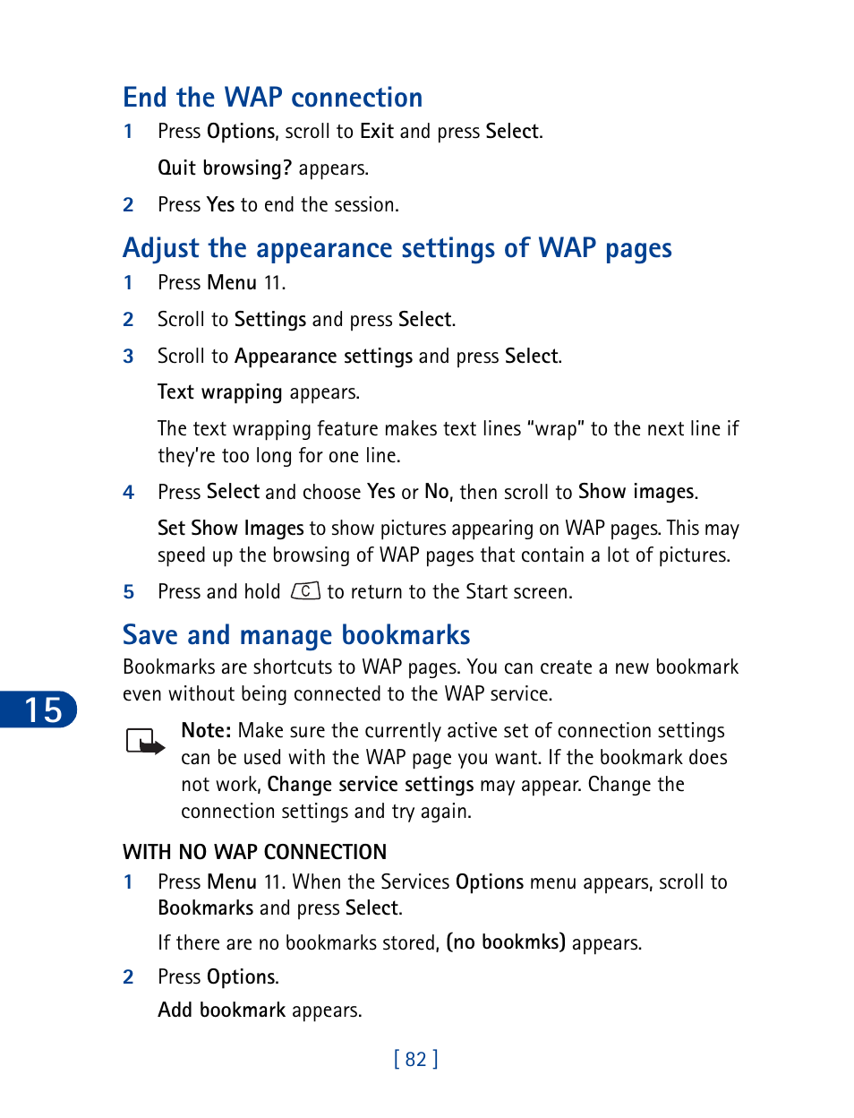 End the wap connection, Save and manage bookmarks, Adjust the appearance settings of wap pages | Nokia 3395 User Manual | Page 95 / 173