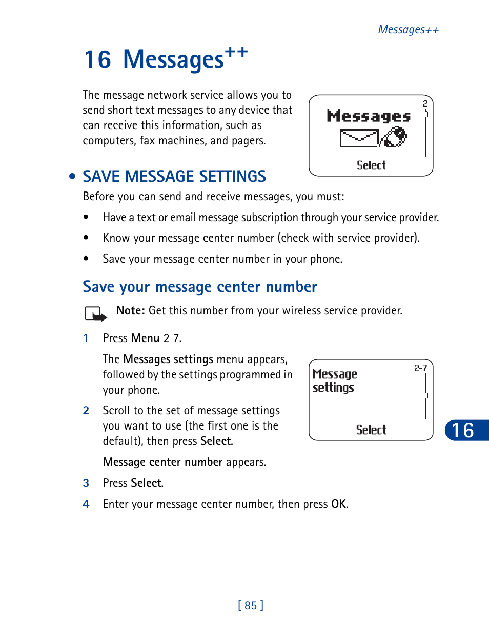 16 messages, Save message settings, Save your message center number | Messages | Nokia 3395 User Manual | Page 98 / 173