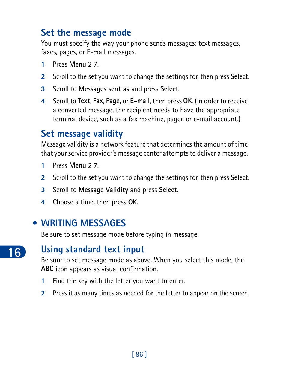 Set the message mode, Set message validity, Writing messages | Using standard text input, Set the message mode set message validity | Nokia 3395 User Manual | Page 99 / 173