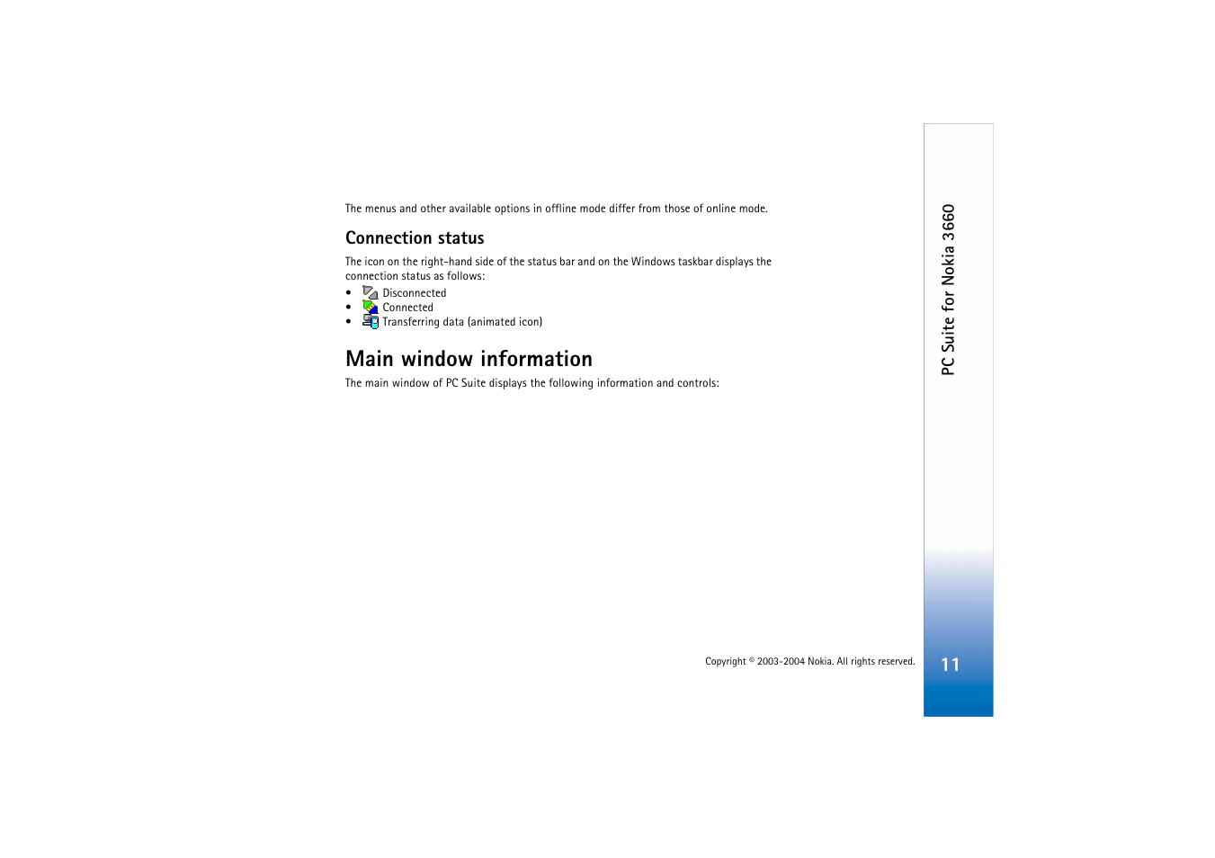 Connection status, Main window information | Nokia 3660 User Manual | Page 11 / 17