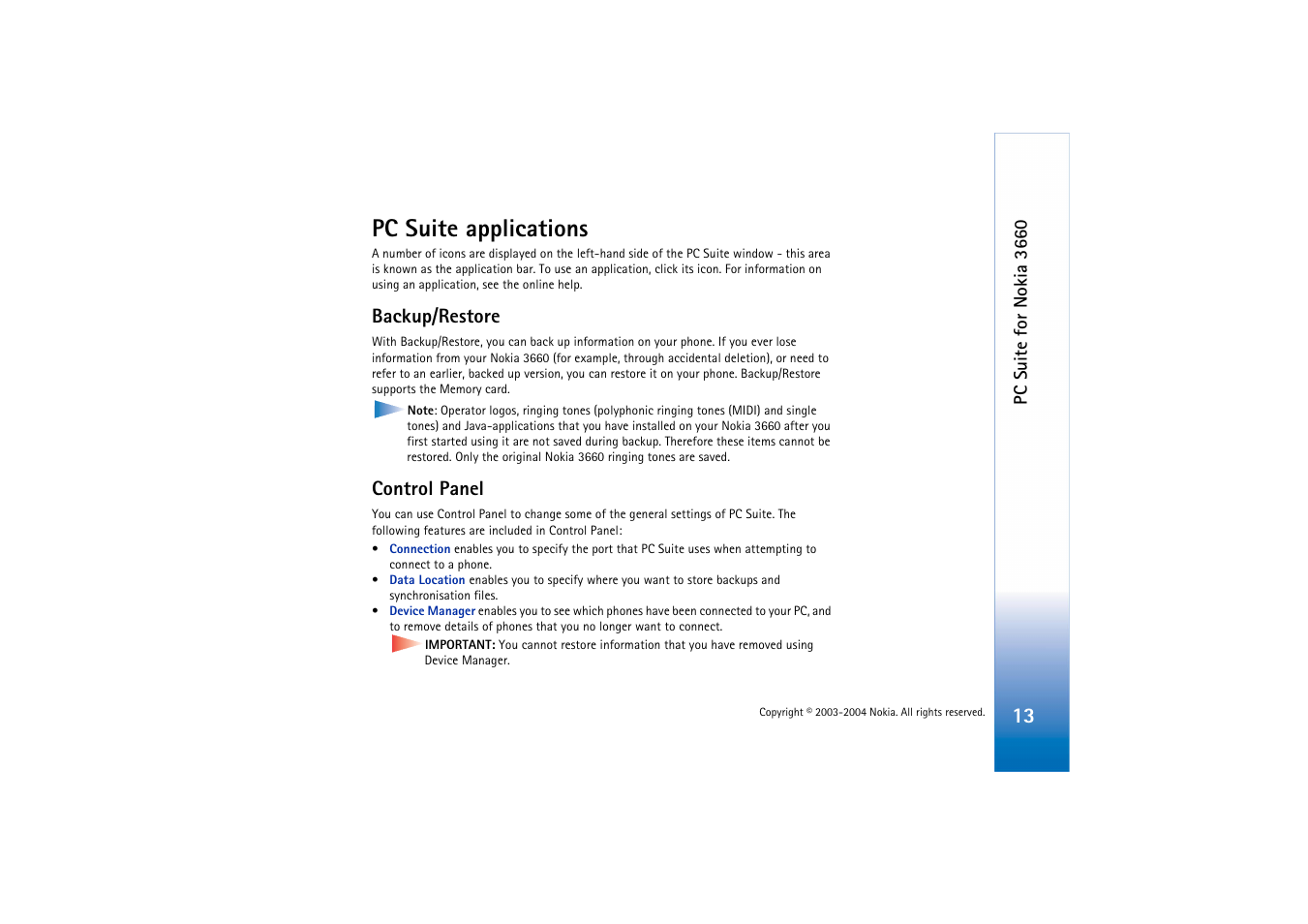 Pc suite applications, Backup/restore, Control panel | Backup/restore control panel | Nokia 3660 User Manual | Page 13 / 17