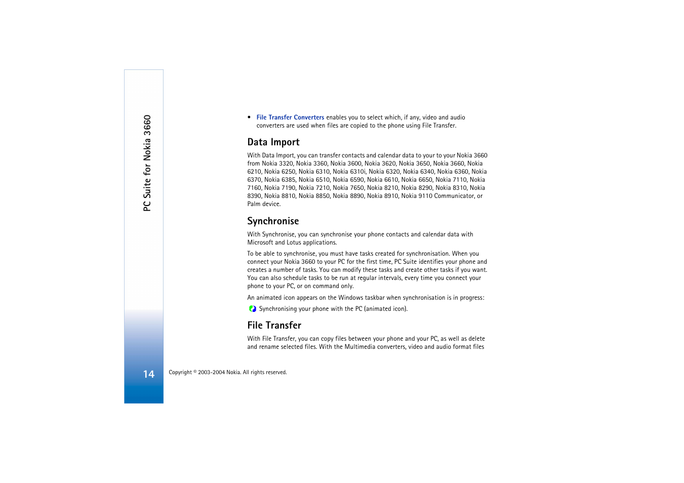 Data import, Synchronise, File transfer | Data import synchronise file transfer | Nokia 3660 User Manual | Page 14 / 17