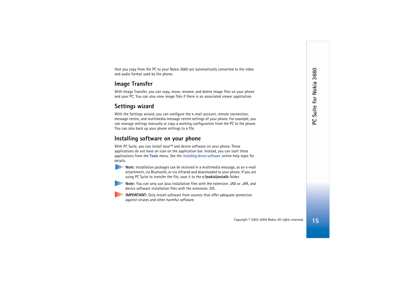 Image transfer, Settings wizard, Installing software on your phone | Nokia 3660 User Manual | Page 15 / 17