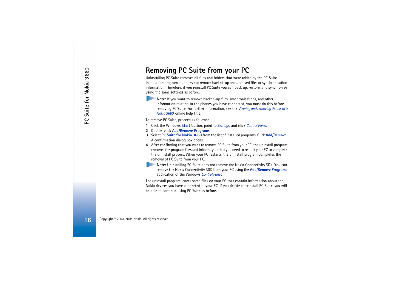 Removing pc suite from your pc, Pc suite for nokia 3660 | Nokia 3660 User Manual | Page 16 / 17