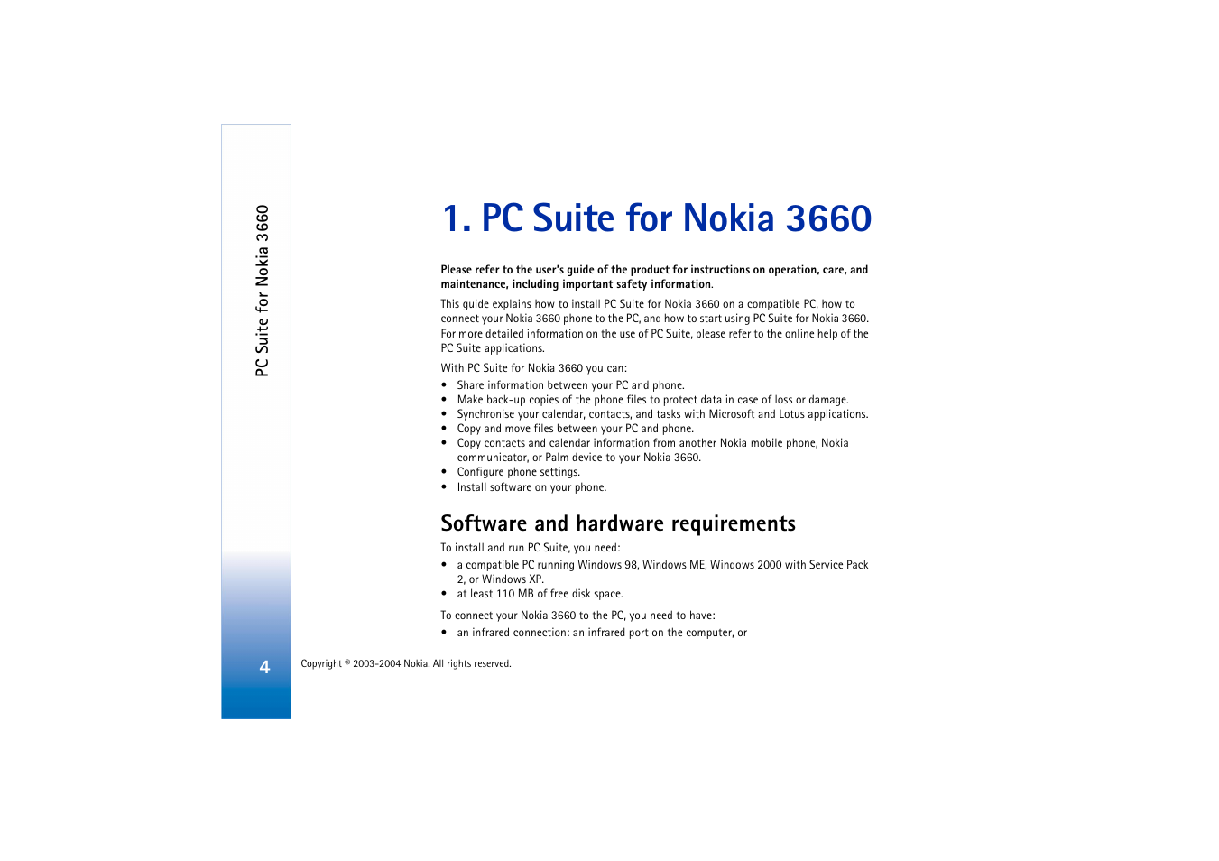 Pc suite for nokia 3660, Software and hardware requirements | Nokia 3660 User Manual | Page 4 / 17