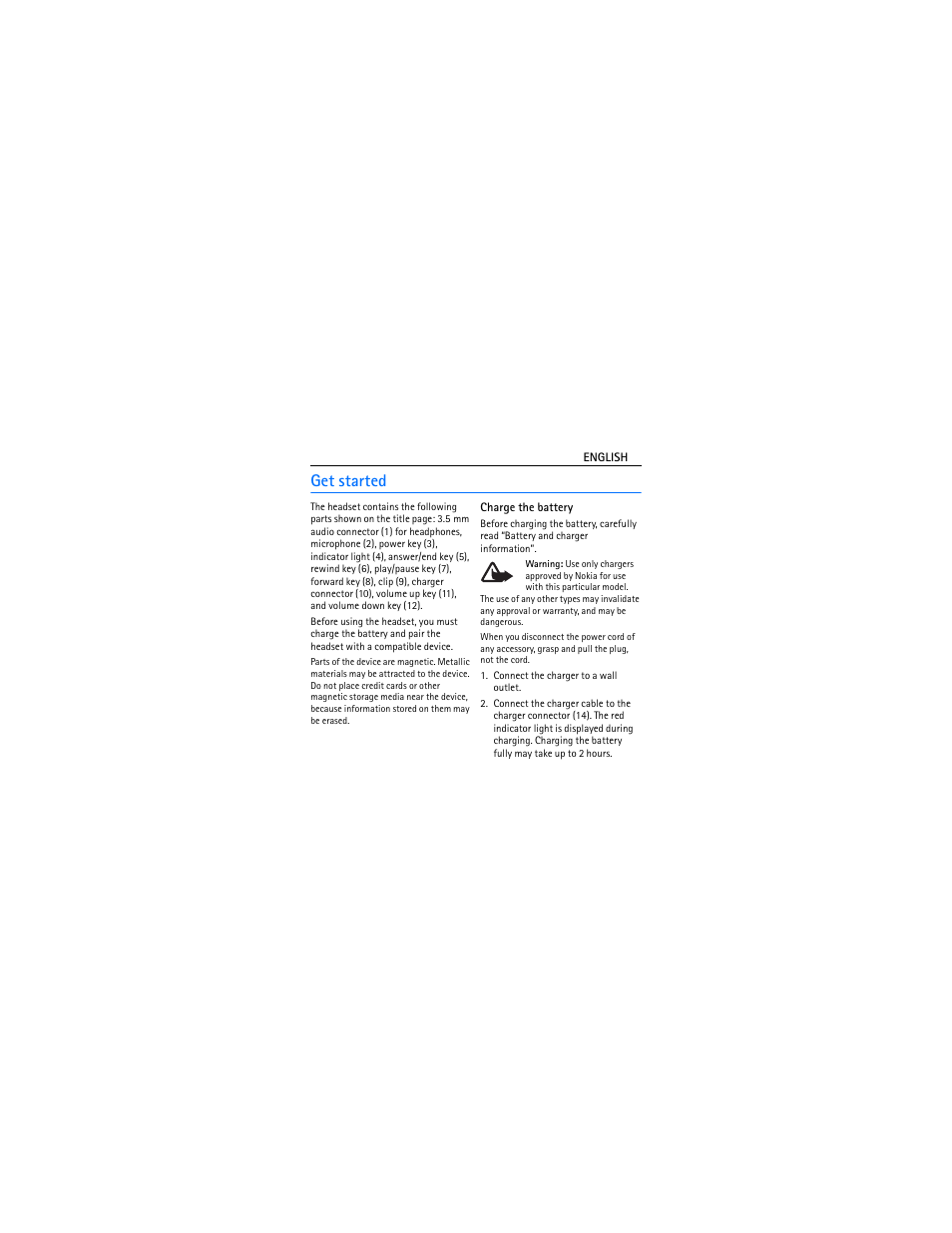 Get started, Charge the battery | Nokia BH-214 User Manual | Page 4 / 43