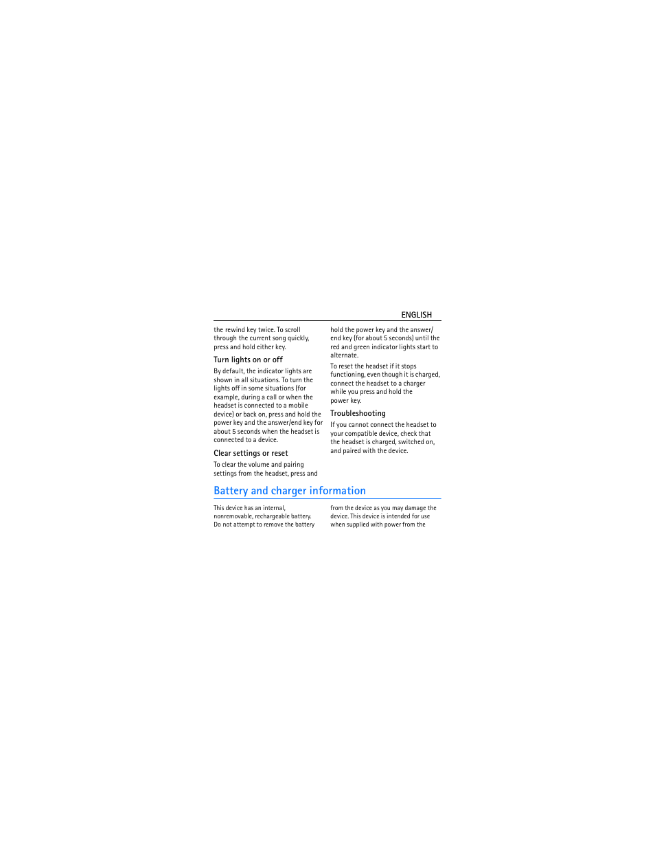 Turn lights on or off, Clear settings or reset, Troubleshooting | Battery and charger information | Nokia BH-214 User Manual | Page 9 / 43