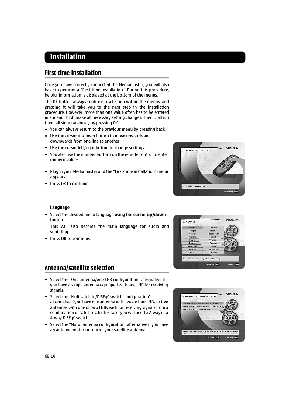 Installation, First-time installation, Antenna/satellite selection | Installation 10 | Nokia 260S User Manual | Page 10 / 39
