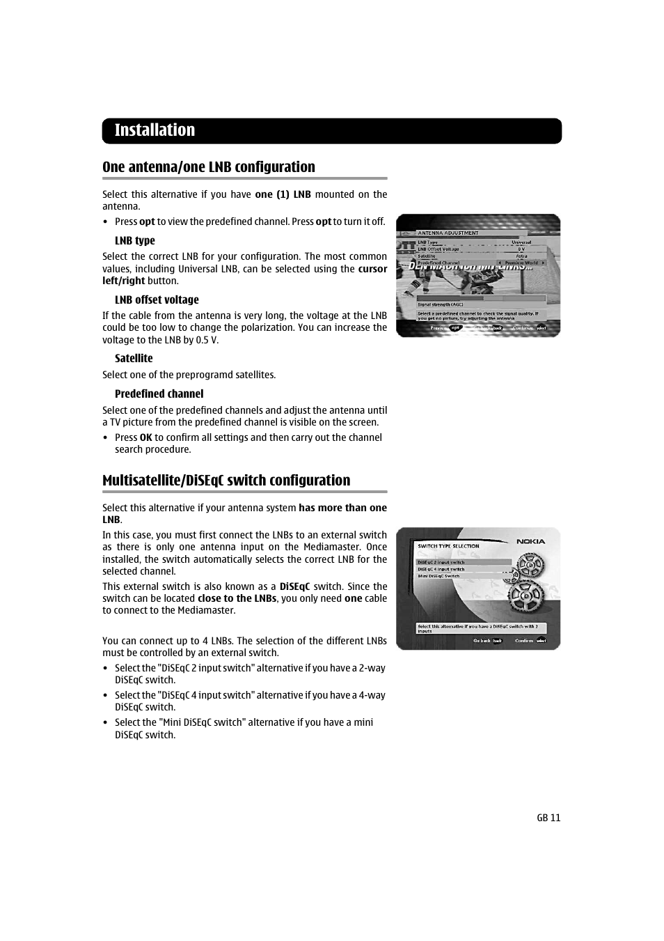 One antenna/one lnb configuration, Multisatellite/diseqc switch configuration, Installation | Nokia 260S User Manual | Page 11 / 39
