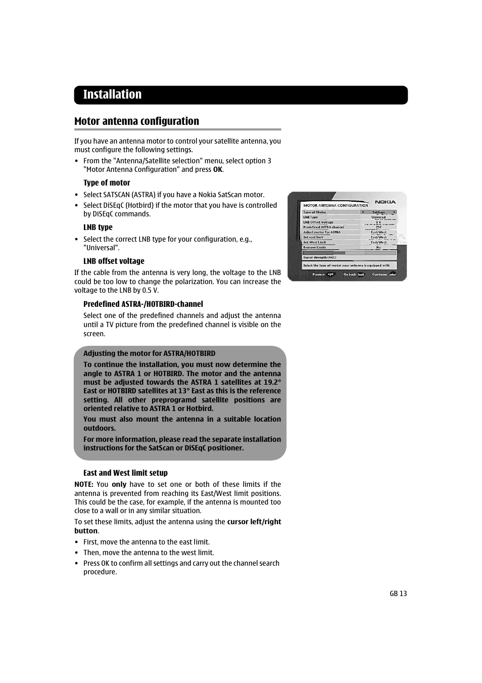 Motor antenna configuration, Installation | Nokia 260S User Manual | Page 13 / 39