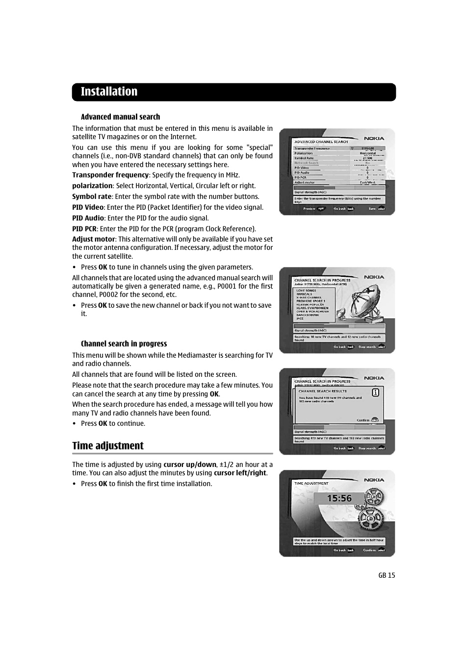 Time adjustment, Installation | Nokia 260S User Manual | Page 15 / 39