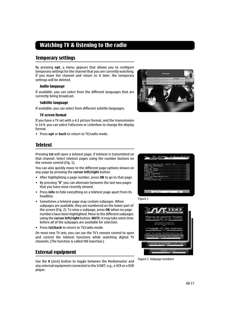 Temporary settings, Teletext, External equipment | Teletext 17 external equipment, Watching tv & listening to the radio | Nokia 260S User Manual | Page 17 / 39