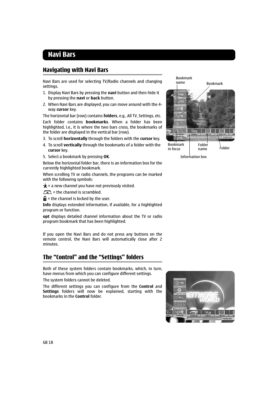 Navi bars, Navigating with navi bars, The “control” and the “settings” folders | Nokia 260S User Manual | Page 18 / 39