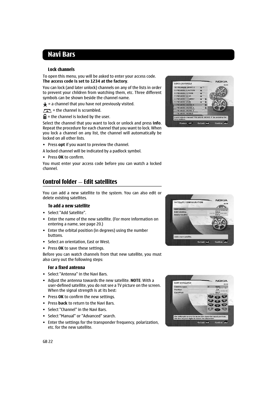 Control folder - edit satellites, Control folder — edit satellites, Navi bars | Control folder, Edit satellites | Nokia 260S User Manual | Page 22 / 39
