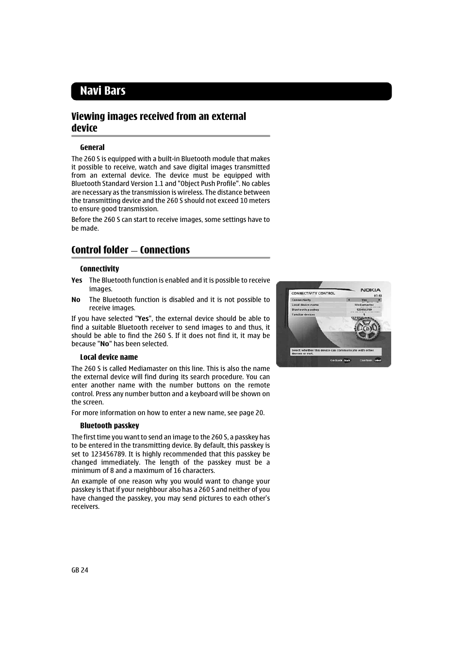 Viewing images received from an external device, Control folder - connections, Viewing images received from an | Control folder — connections, Navi bars, Control folder, Connections | Nokia 260S User Manual | Page 24 / 39