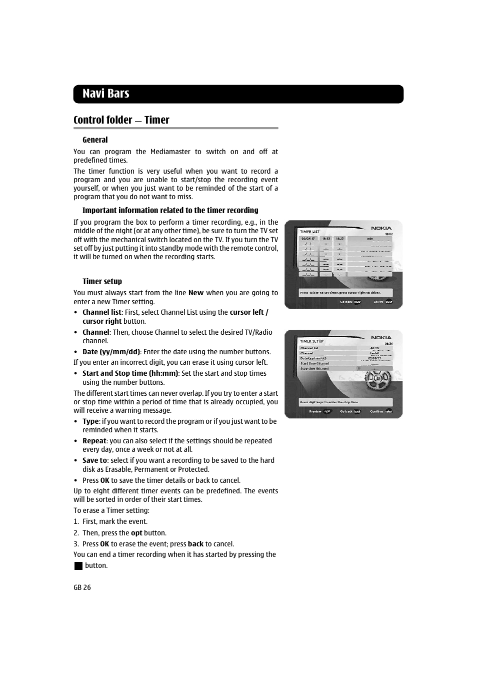 Control folder - timer, Control folder — timer, Navi bars | Control folder, Timer | Nokia 260S User Manual | Page 26 / 39