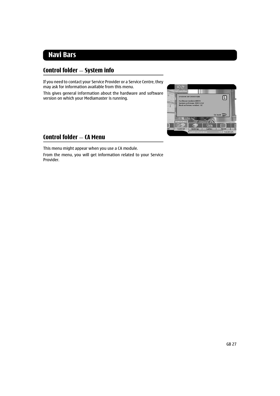 Control folder - system info, Control folder - ca menu, Control folder — system info | Control folder — ca menu, Navi bars | Nokia 260S User Manual | Page 27 / 39