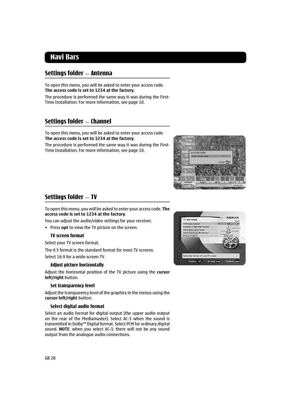 Settings folder - antenna, Settings folder - channel, Settings folder - tv | Settings folder — antenna, Settings folder — channel, Settings folder — tv, Navi bars, Settings folder, Antenna, Channel | Nokia 260S User Manual | Page 28 / 39