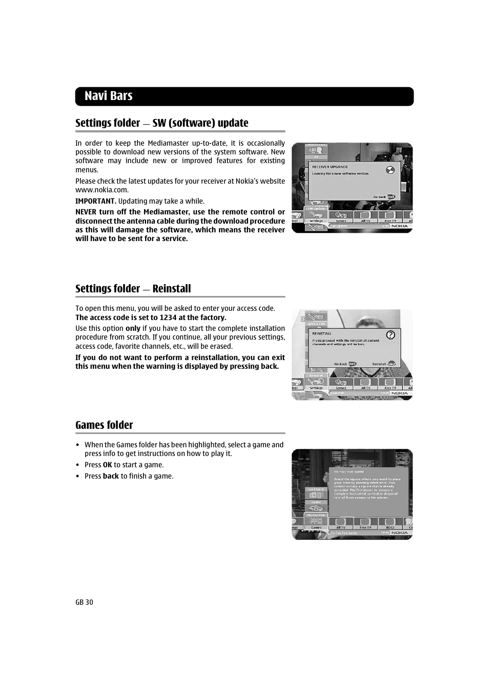 Settings folder - sw (software) update, Settings folder - reinstall, Games folder | Settings folder — sw (software) update, Settings folder — reinstall, Navi bars, Settings folder, Sw (software) update, Reinstall | Nokia 260S User Manual | Page 30 / 39