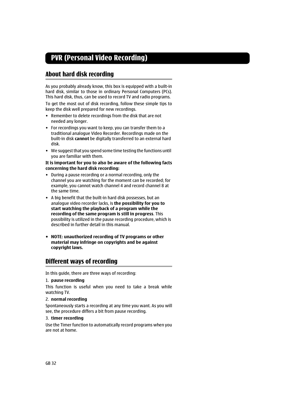 Pvr (personal video recording), About hard disk recording, Different ways of recording | Nokia 260S User Manual | Page 32 / 39