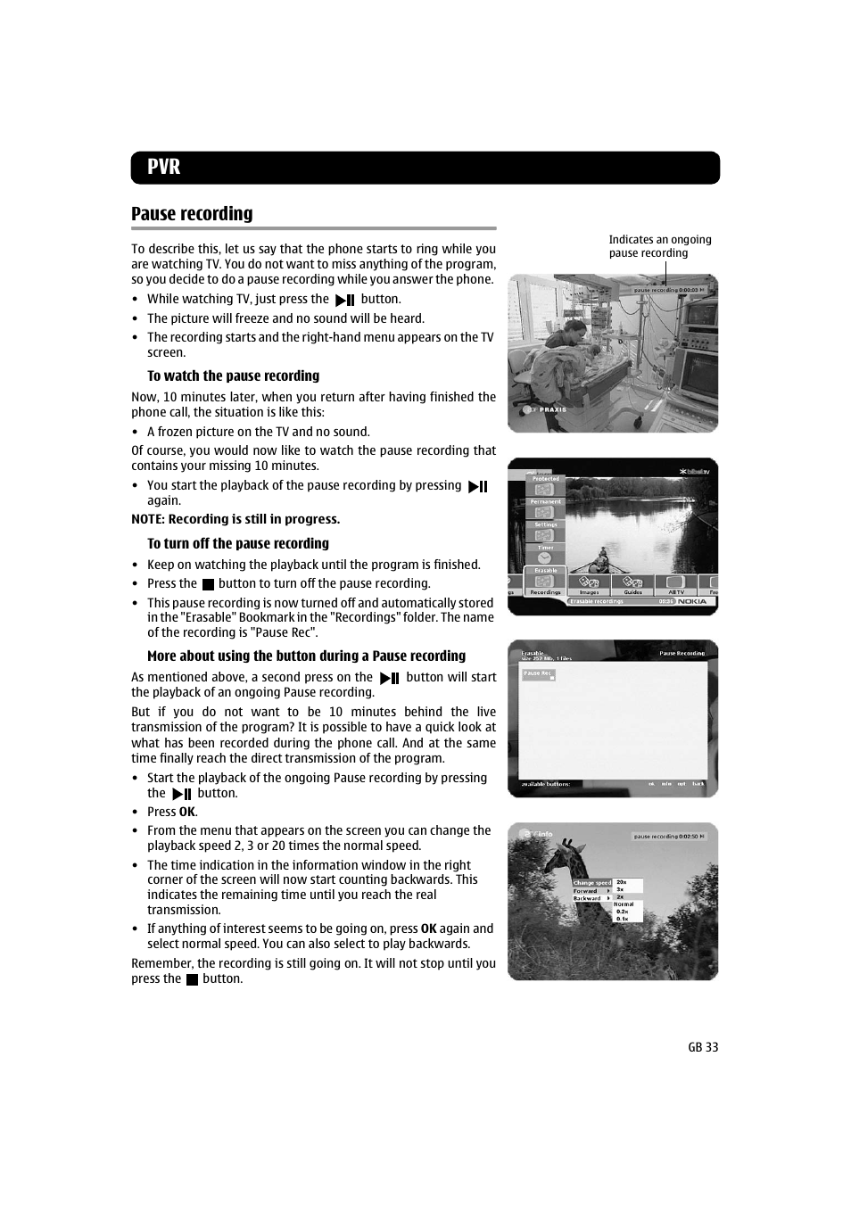 Pause recording, Pvr 33 | Nokia 260S User Manual | Page 33 / 39