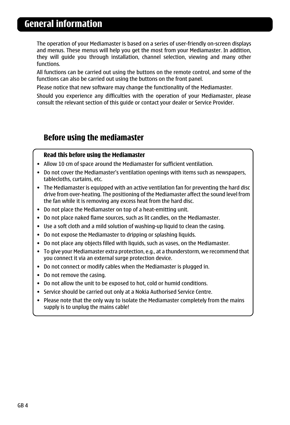 General information, Before using the mediamaster | Nokia 260S User Manual | Page 4 / 39