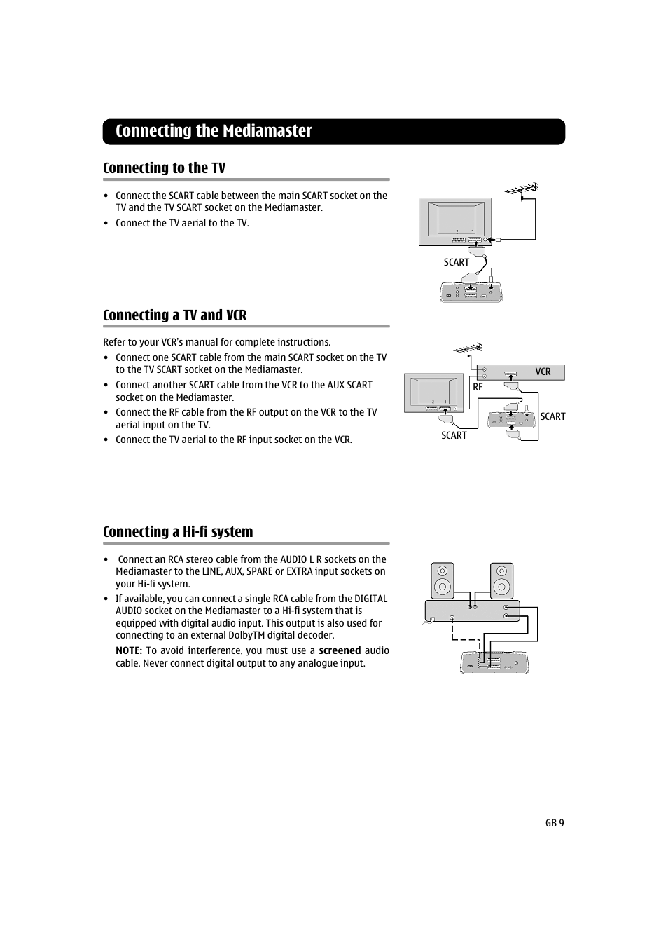 Connecting to the tv, Connecting a tv and vcr, Connecting a hi-fi system | Connecting the mediamaster | Nokia 260S User Manual | Page 9 / 39