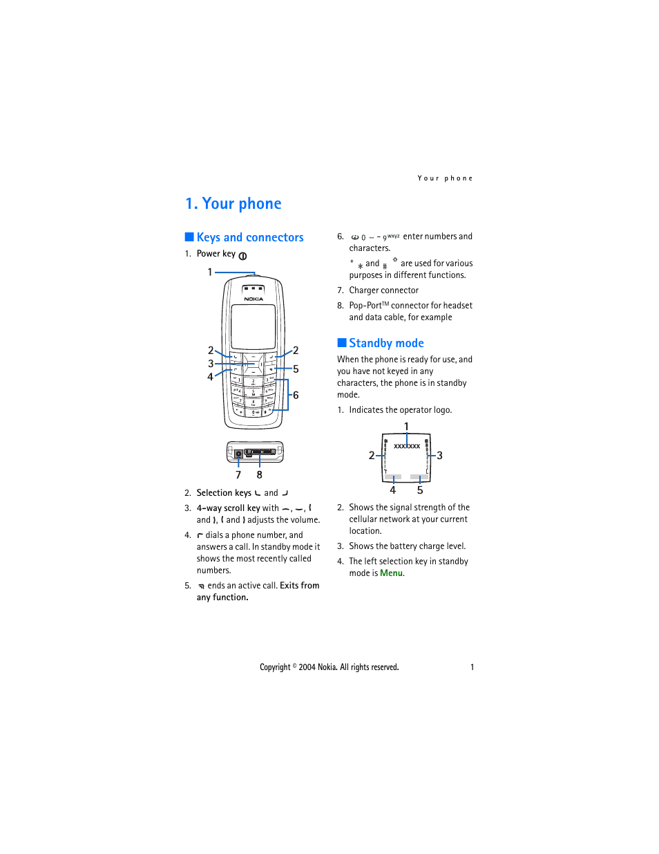 Your phone, Keys and connectors, Standby mode | Keys and connectors standby mode | Nokia 3120 User Manual | Page 10 / 59