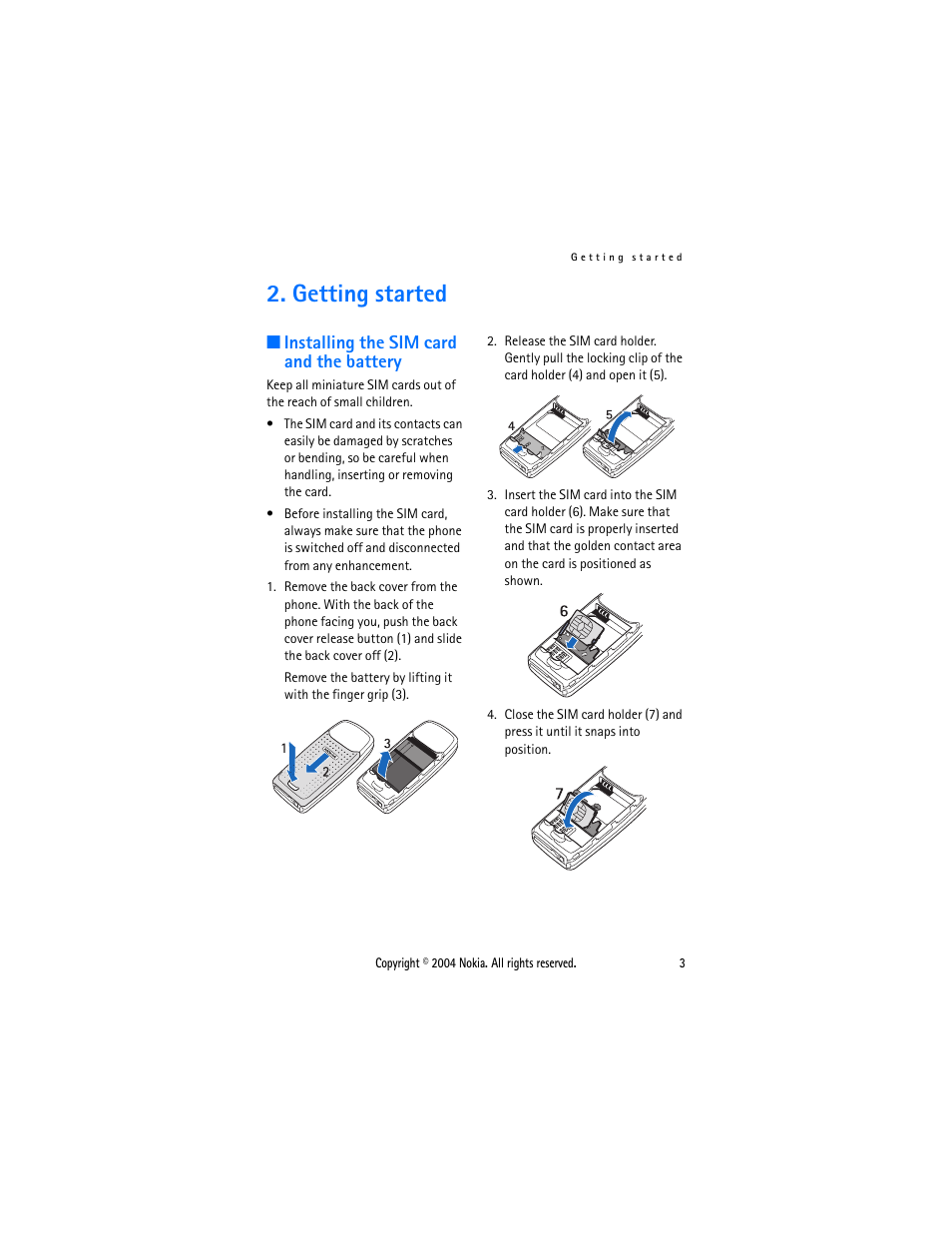 Getting started, Installing sim card and battery, Installing the sim card and the battery | Nokia 3120 User Manual | Page 12 / 59