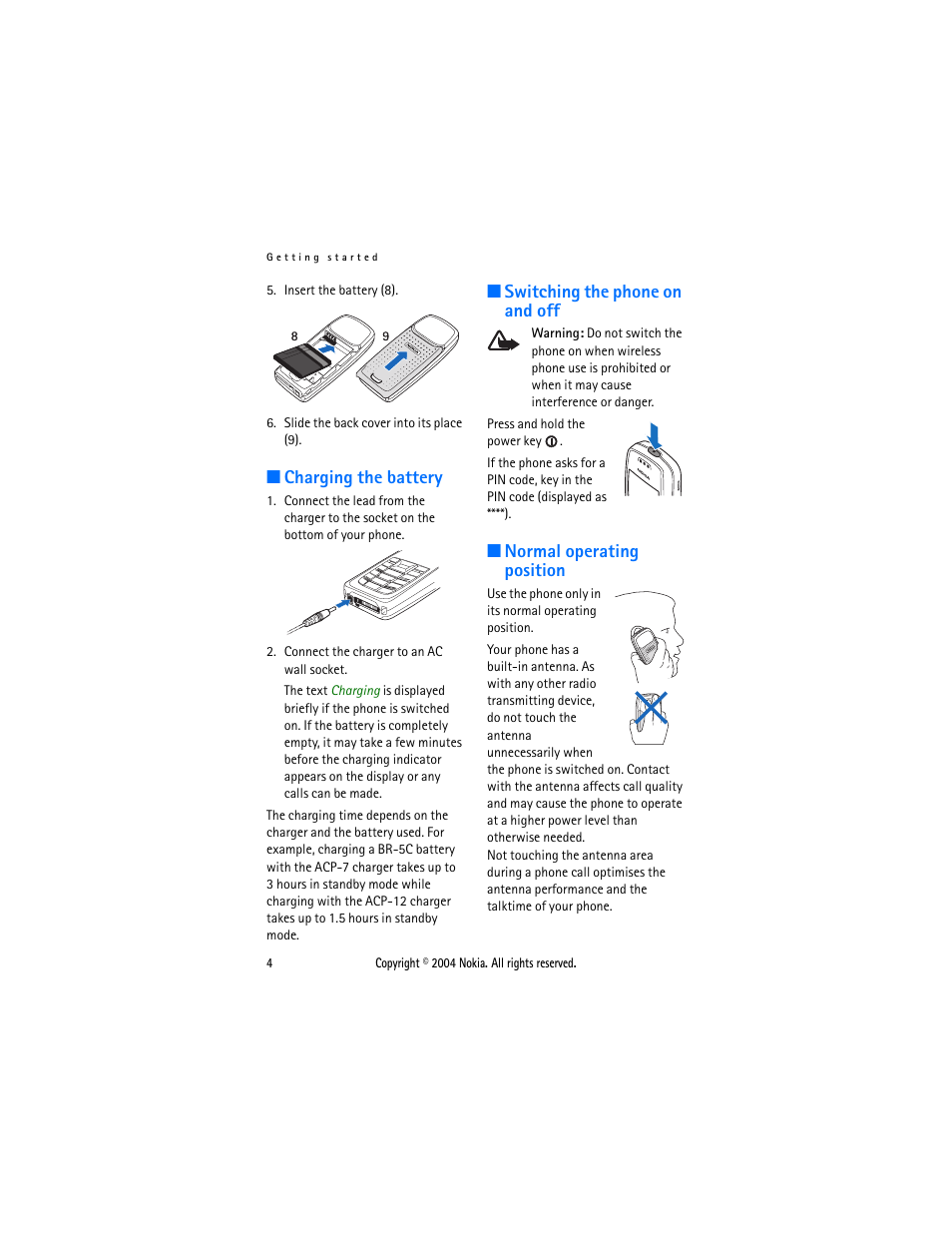 Charging battery, Switching phone on and off, Normal operating position | Nokia 3120 User Manual | Page 13 / 59