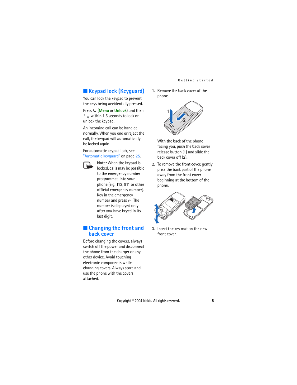 Keypad lock (keyguard), Changing the front and back cover, Locked. see | Keypad lock, Keyguard) | Nokia 3120 User Manual | Page 14 / 59