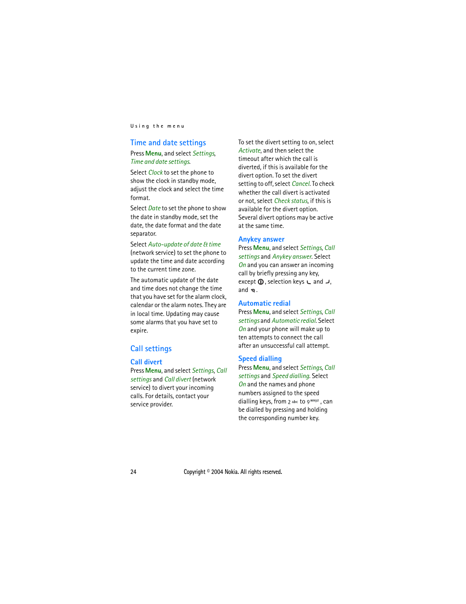 Time and date settings, Call settings, Time and date settings call settings | Call divert, Speed dialling, On pag, Speed, Dialling | Nokia 3120 User Manual | Page 33 / 59