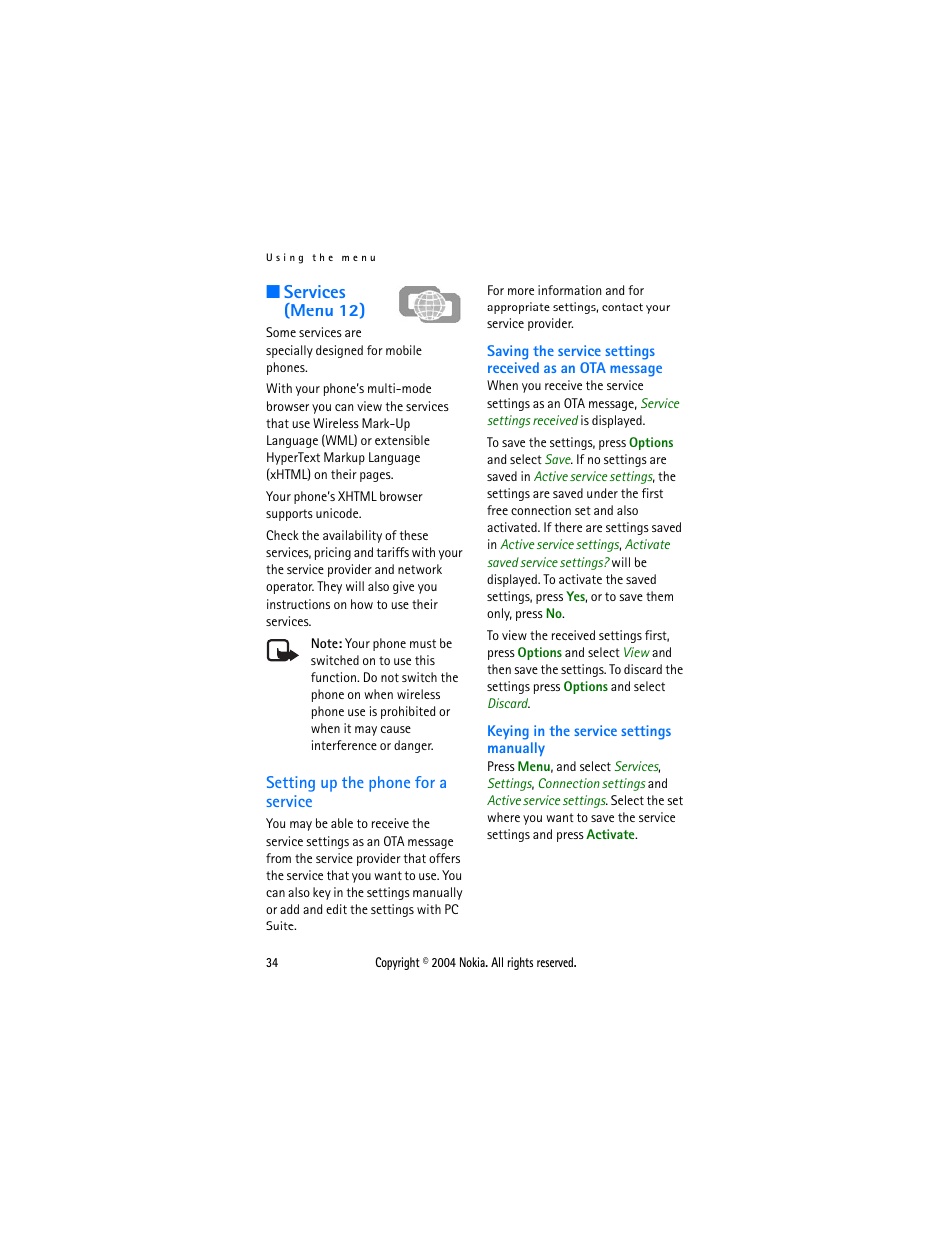 Services (menu 12), Setting up the phone for a service, Setting up | The phone for a service | Nokia 3120 User Manual | Page 43 / 59