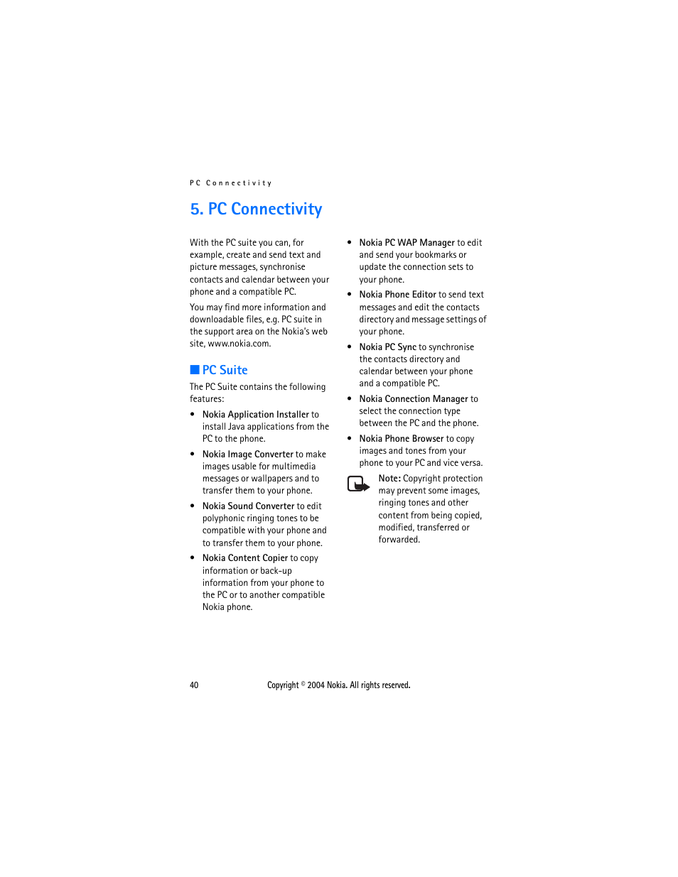 Pc connectivity, Pc suite | Nokia 3120 User Manual | Page 49 / 59