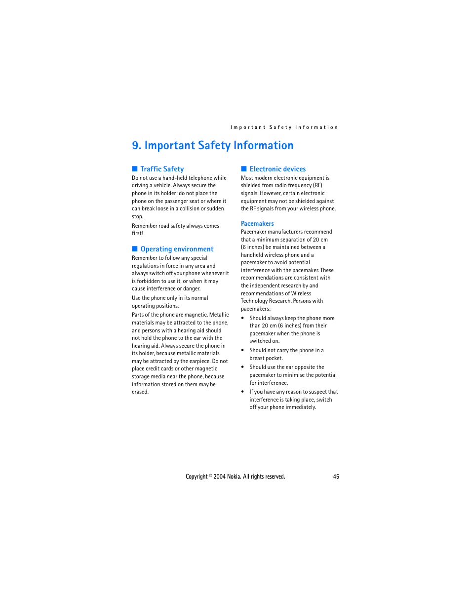 Important safety information, Pacemakers | Nokia 3120 User Manual | Page 54 / 59