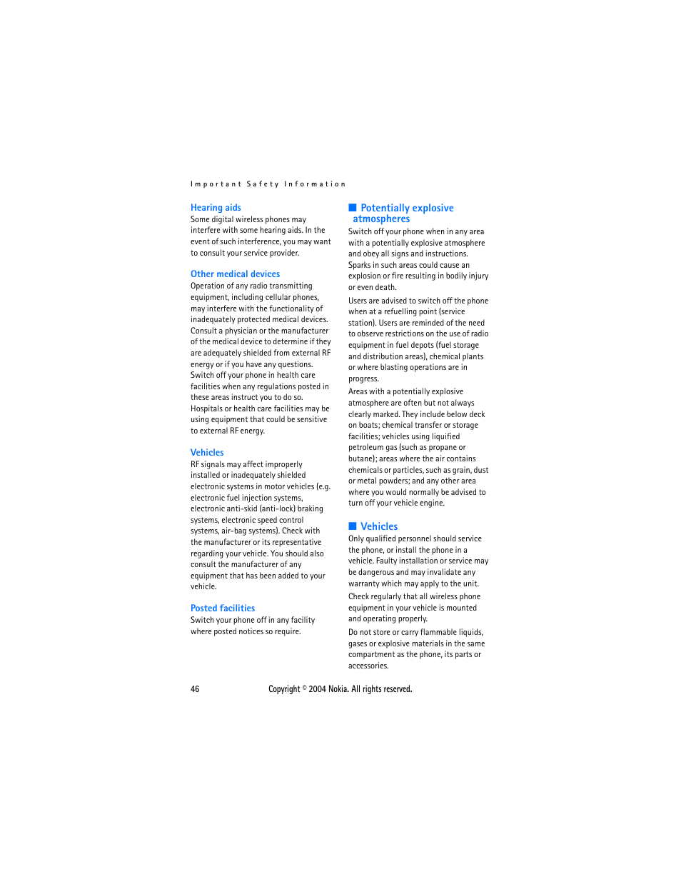 Hearing aids, Other medical devices, Vehicles | Posted facilities | Nokia 3120 User Manual | Page 55 / 59