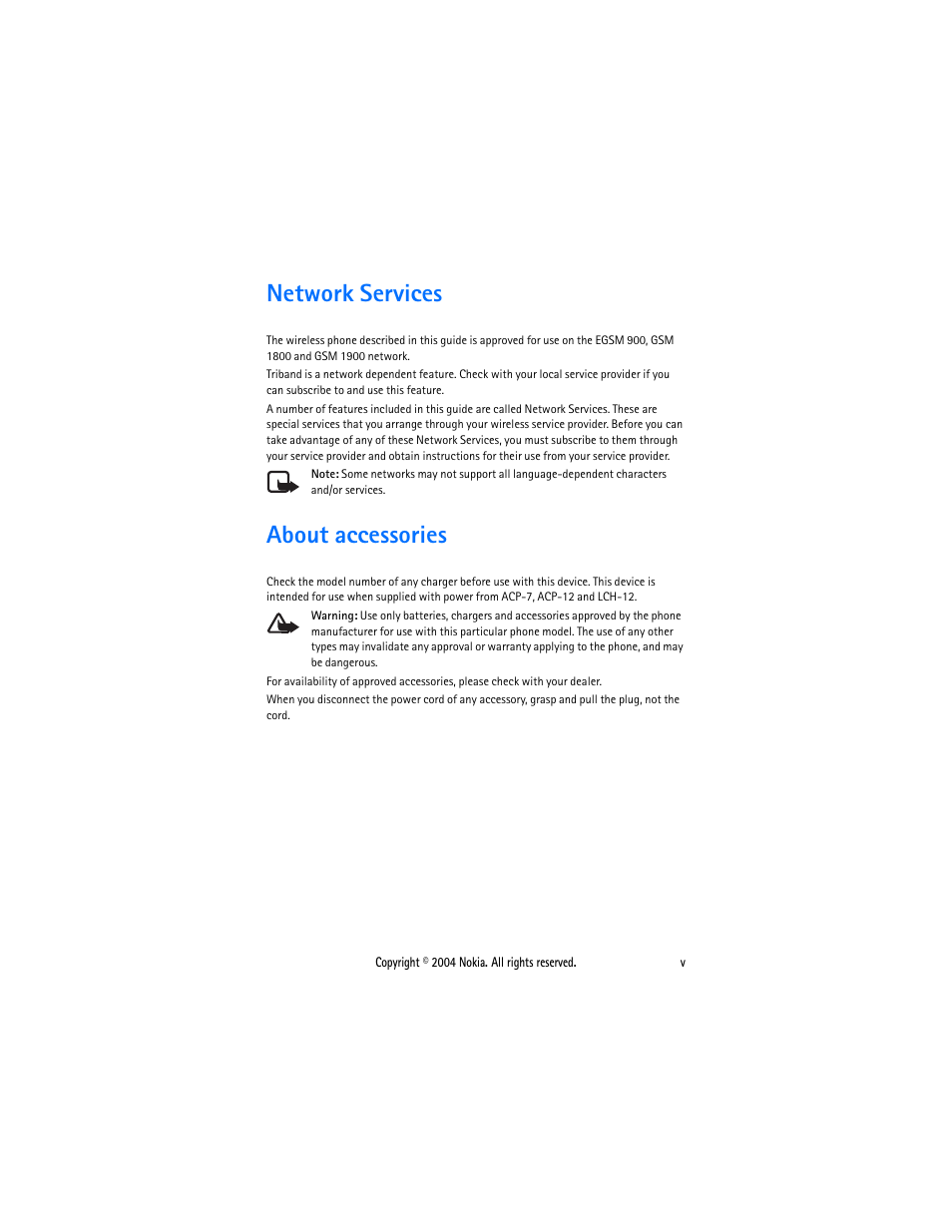 Network services, About accessories, Network services ..........................v | About accessories .........................v | Nokia 3120 User Manual | Page 6 / 59