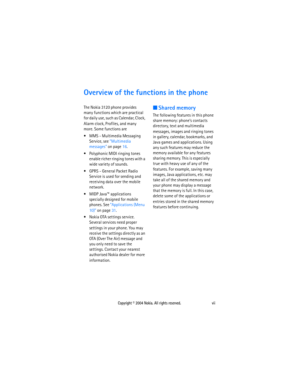 Overview of the functions in the phone, Shared memory, Shared memory ............................... vii | Nokia 3120 User Manual | Page 8 / 59