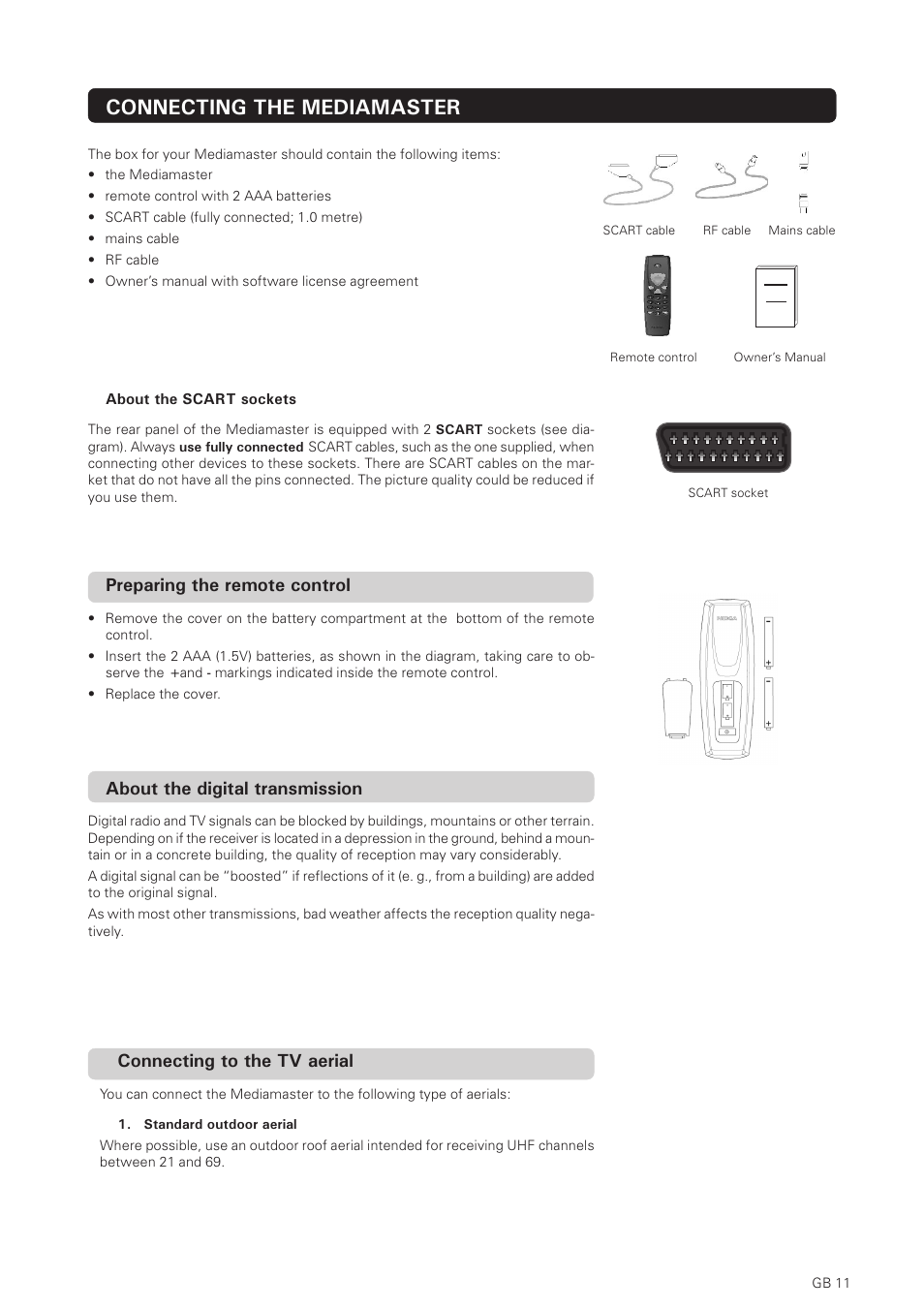 Connecting the mediamaster, Preparing the remote control, About the digital transmission | Connecting to the tv aerial | Nokia 150T User Manual | Page 11 / 33