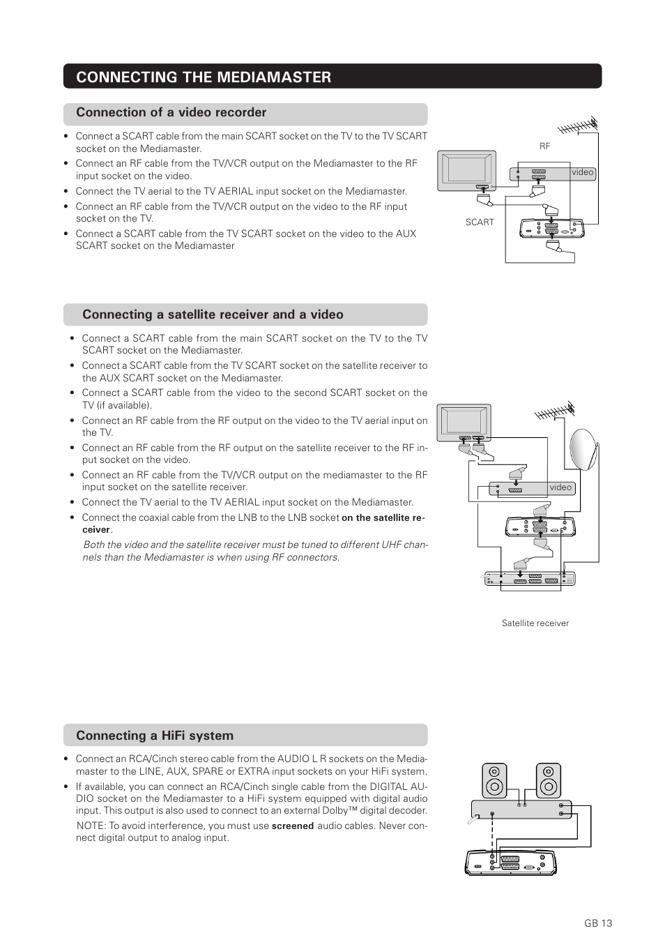 Connecting the mediamaster, Connection of a video recorder, Connecting a satellite receiver and a video | Connecting a hifi system | Nokia 150T User Manual | Page 13 / 33