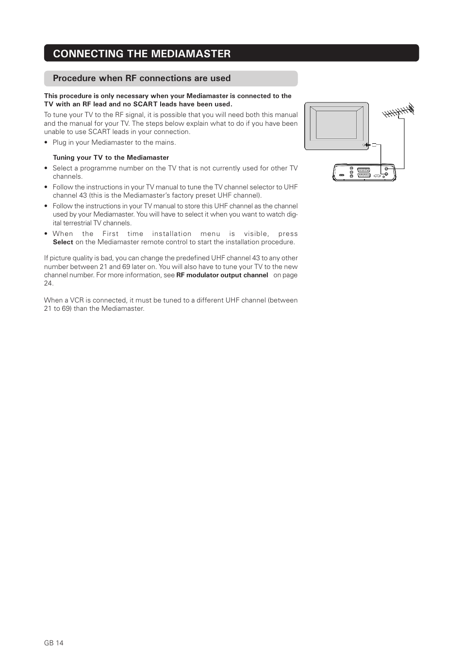 Connecting the mediamaster, Procedure when rf connections are used | Nokia 150T User Manual | Page 14 / 33