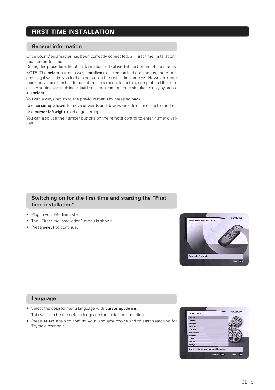 First time installation, General information, Language | Nokia 150T User Manual | Page 15 / 33