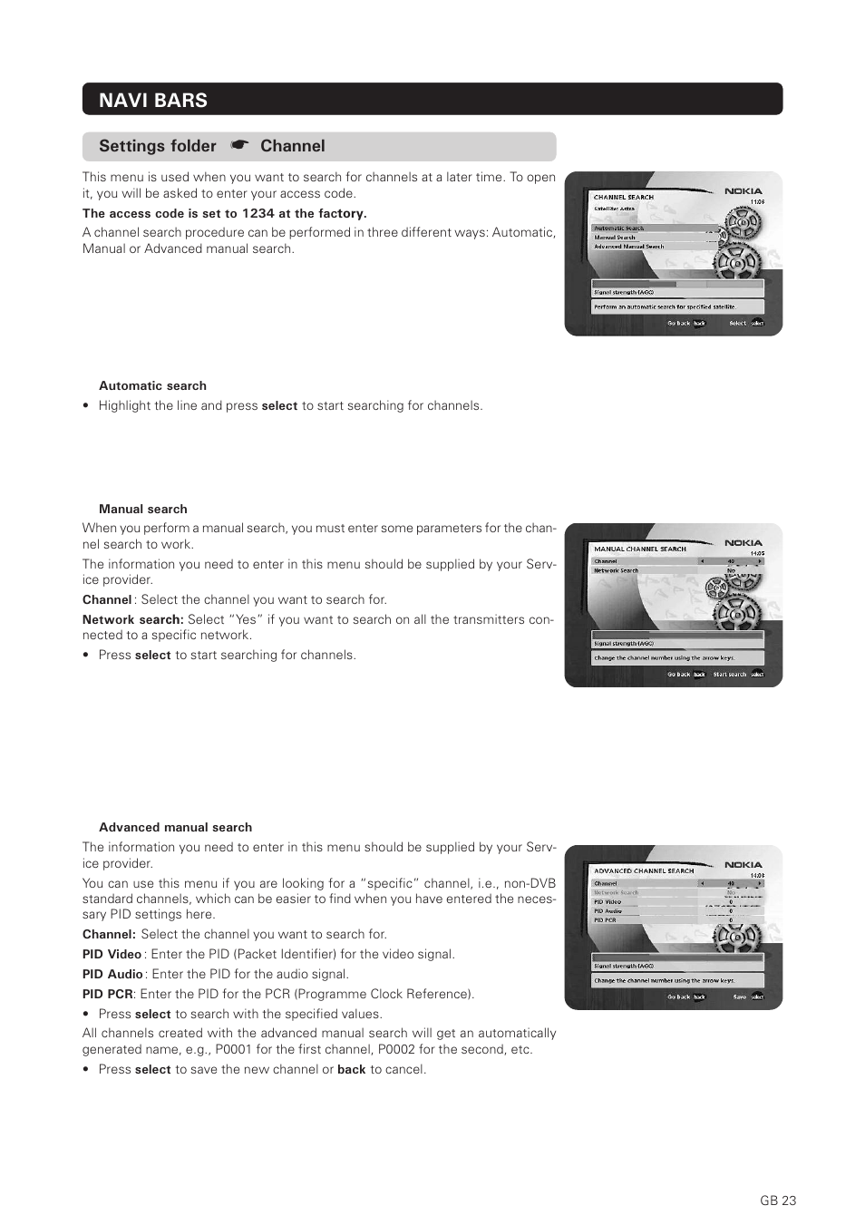 Navi bars, Settings folder, Channel | Nokia 150T User Manual | Page 23 / 33