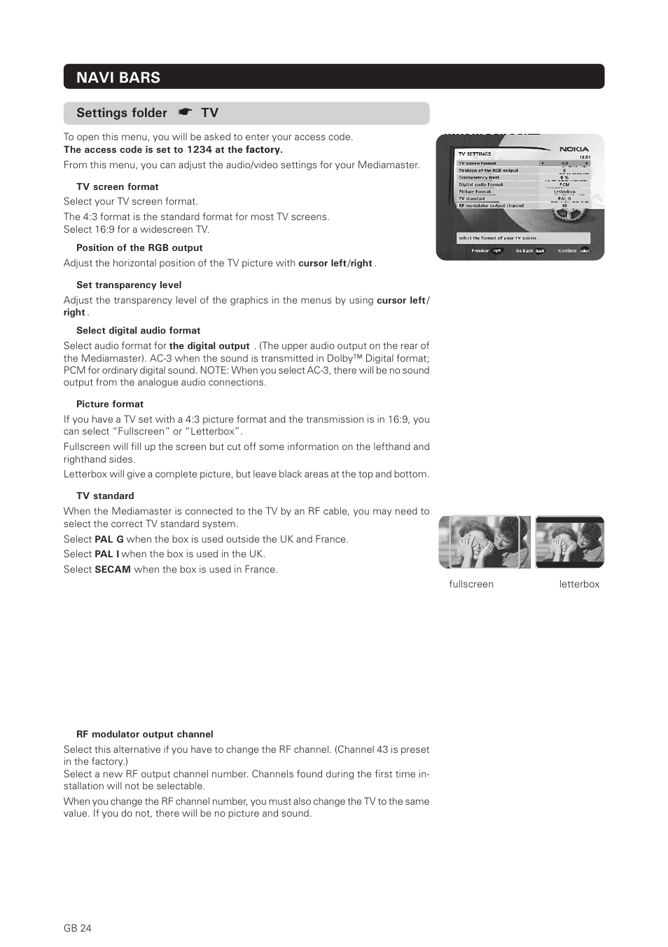 Navi bars, Settings folder | Nokia 150T User Manual | Page 24 / 33