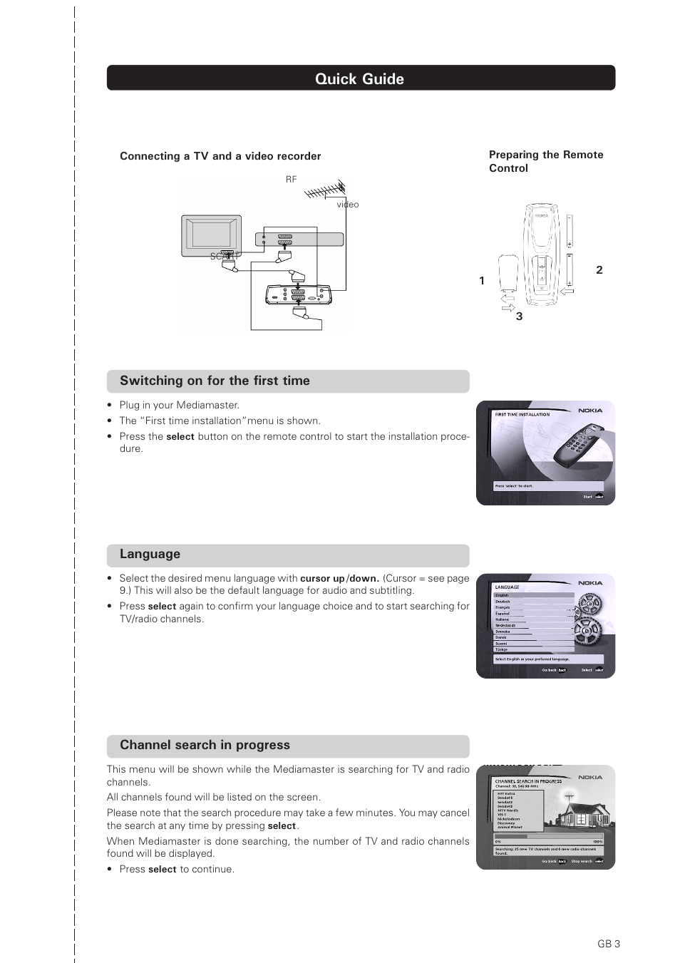 Quick guide, Language, Channel search in progress | Switching on for the first time | Nokia 150T User Manual | Page 3 / 33