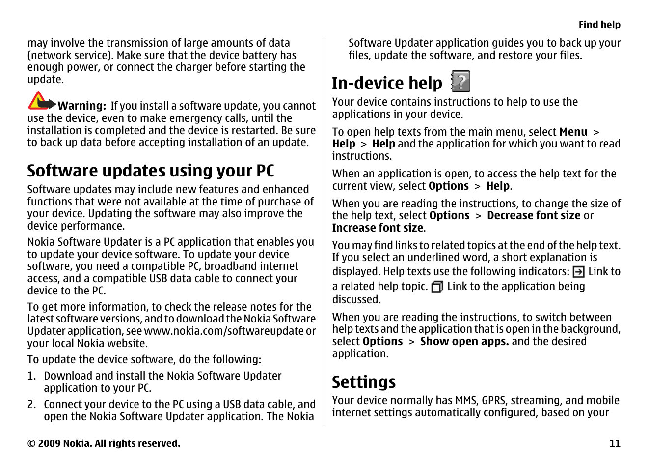 Software updates using your pc, In-device help, Settings | Nokia XPRESS MUSIC 5730 User Manual | Page 11 / 80